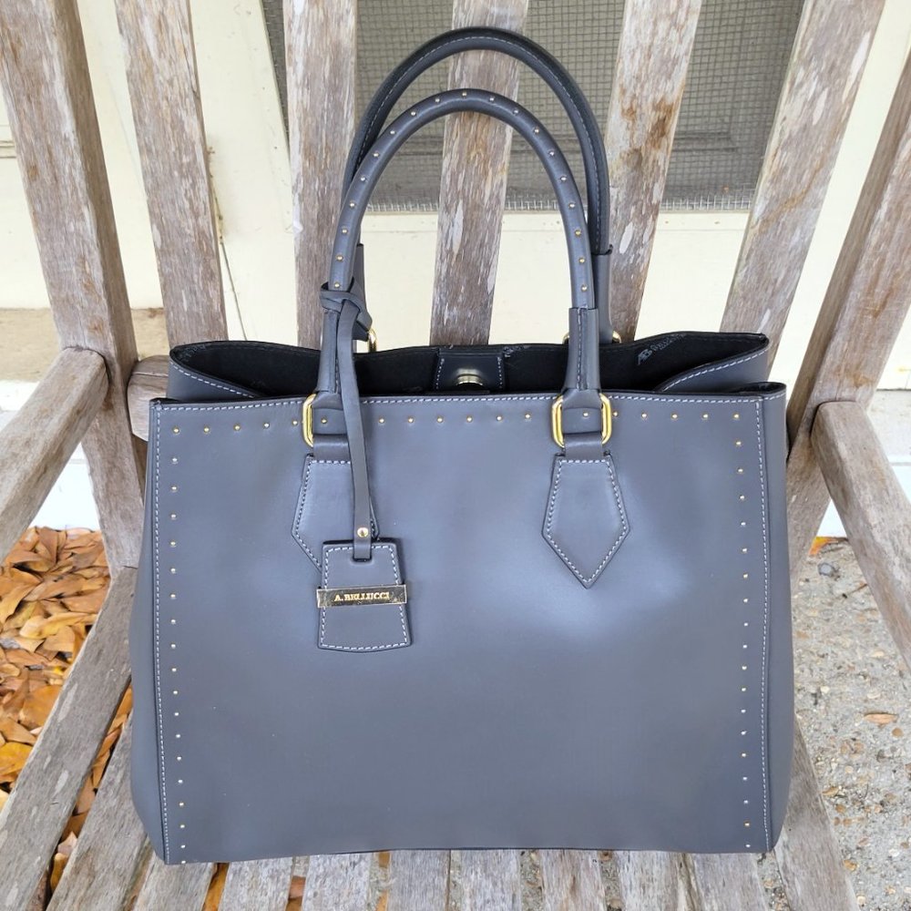 New A BELLUCCI Gray Leather Tote Satchel Bag w/crossbody Strap Purse